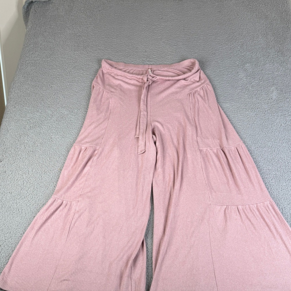 Free People Pants Womens M Pink Ribbed Knit Tiered Wide Leg Drawstring Flare